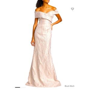 NWT Teri Jon by Rickie Freeman Metallic Jacquard off the shoulder dress size 10